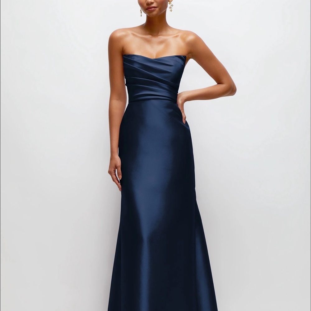 Alfred Sung Strapless Navy Satin Evening Gown